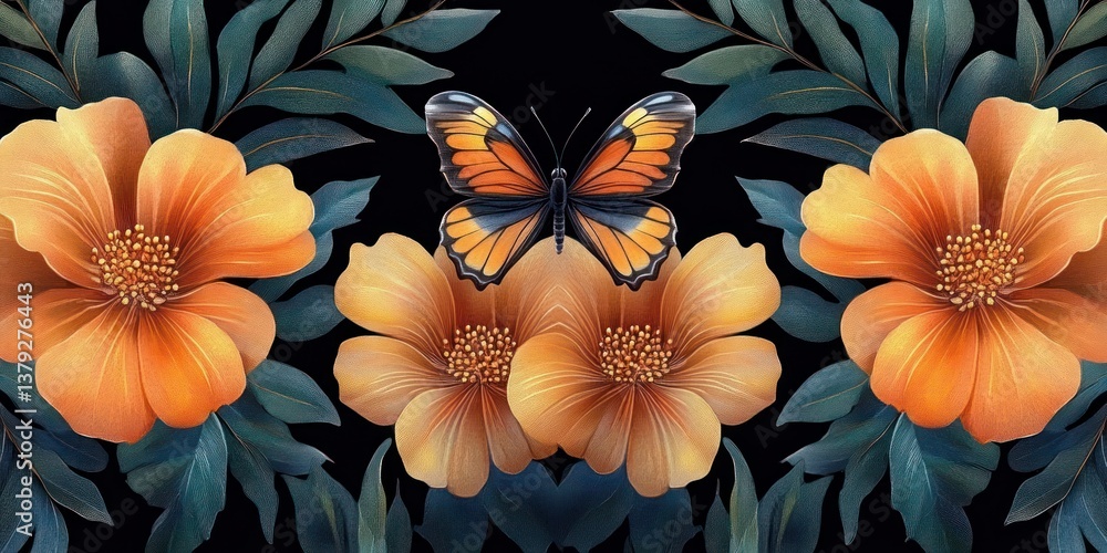 Vibrant Orange Flowers and Delicate Butterflies Seamless Pattern with Tropical Leaves and Cactus Flowers for Luxury Fabric and Wallpaper Design Vibrant Orange Flowers and Delicate Butterflies Seamless Pattern with Tropical Leaves and Cactus Flowers for Luxury Fabric and Wallpaper Design