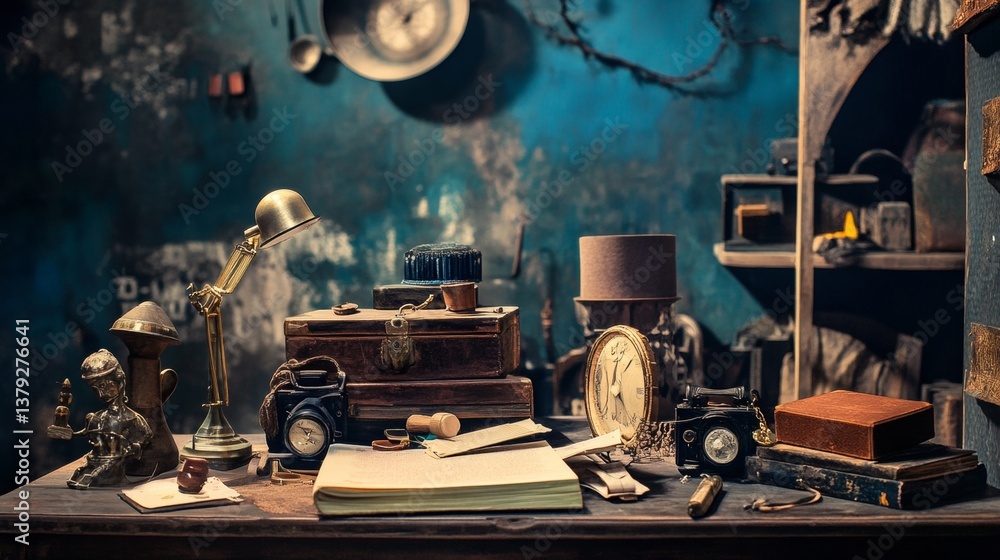 Fototapeta premium Vintage photography setup with camera and books