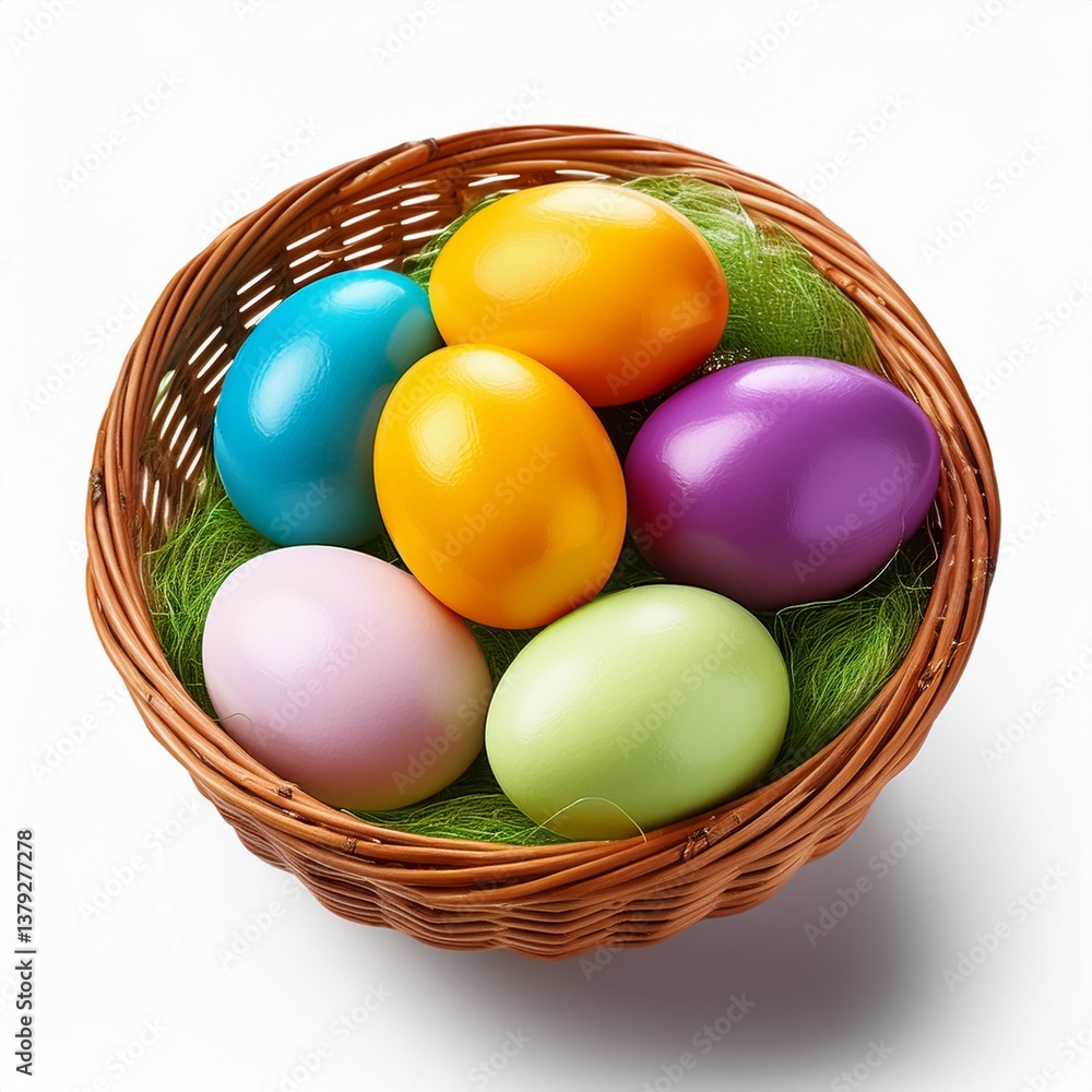 Isolated wicker basket filled with colorful dyed Easter eggs Isolated wicker basket filled with colorful dyed Easter eggs