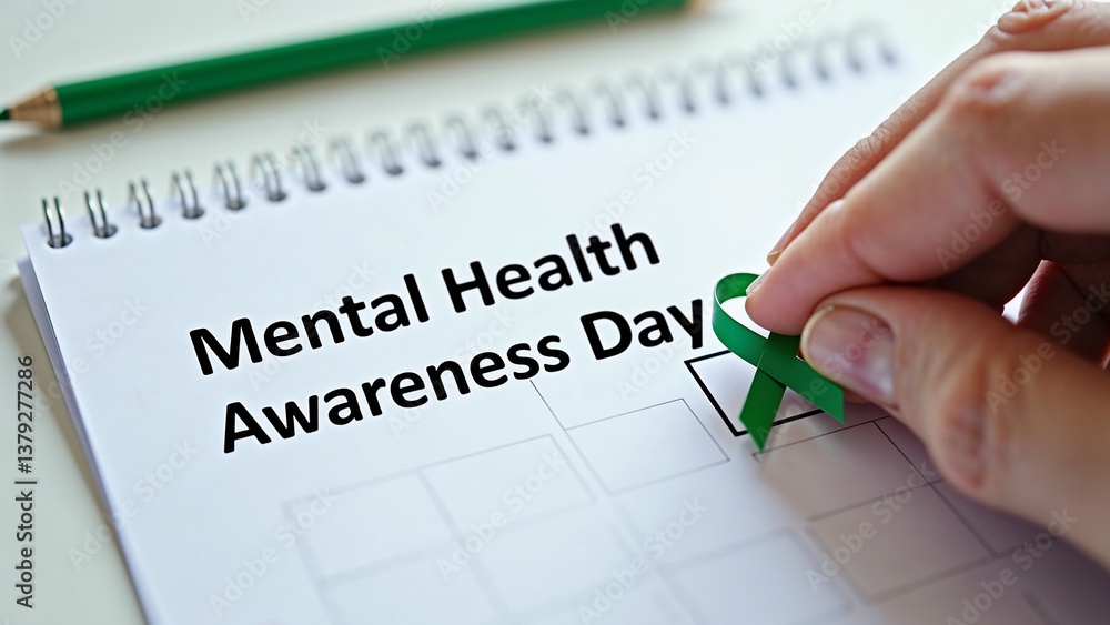 Mental Health Awareness Day highlighted with green ribbon on calendar, celebrating mental health advocacy Mental Health Awareness Day highlighted with green ribbon on calendar, celebrating mental health advocacy