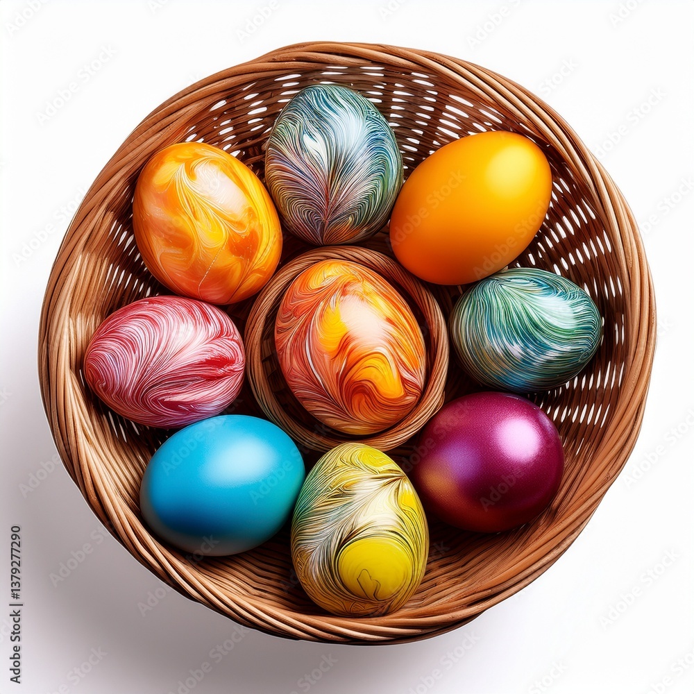 Fototapeta premium Isolated wicker basket filled with colorful dyed Easter eggs