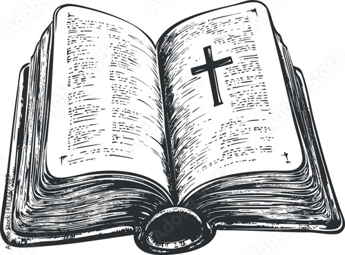 Illustration of an open Bible with a cross, depicted in a vintage sketch style.