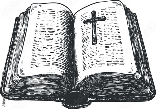 Vintage illustration of an open Bible with a cross, symbolizing faith and spirituality.