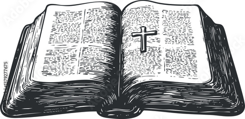 Black and white illustration of an open Bible with a cross symbol on the pages.