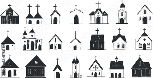 Collection of black and white church icons illustrating various architectural designs and structures.