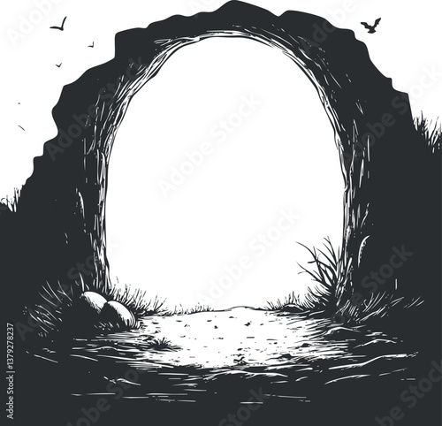 Monochrome illustration of a cave entrance with birds and surrounding vegetation in silhouette.