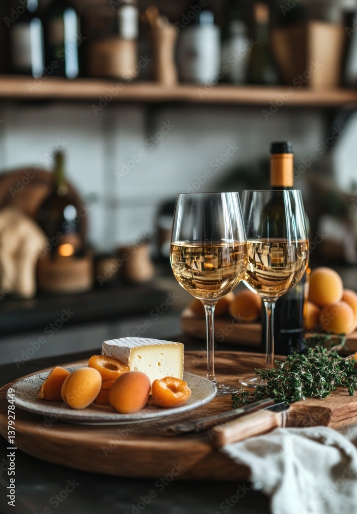 White Wine and Apricots with Cheese in Cozy Rustic Kitchen White Wine and Apricots with Cheese in Cozy Rustic Kitchen