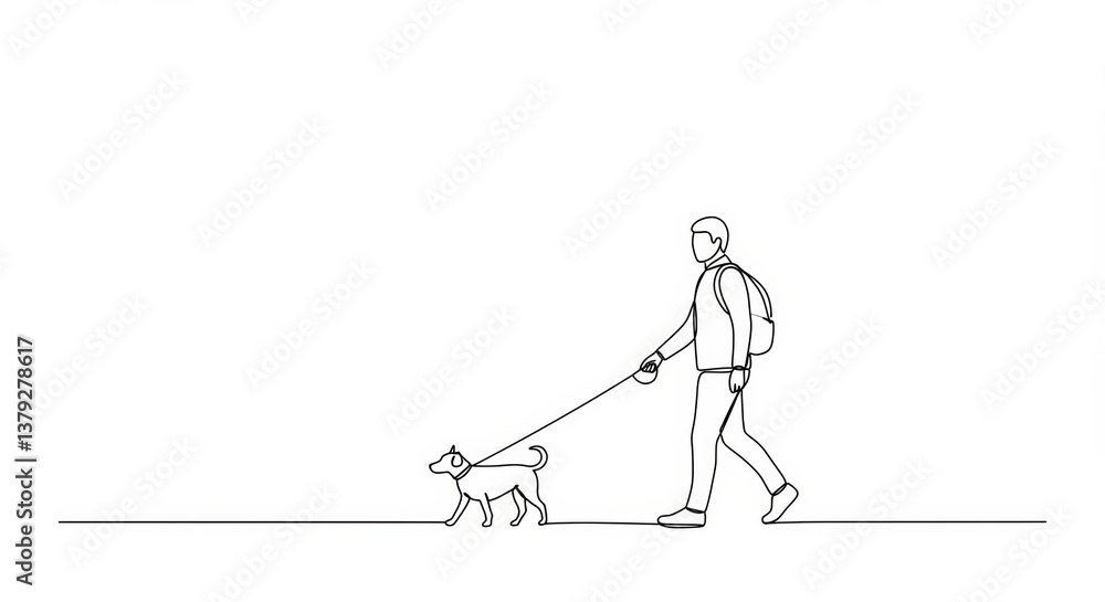 Elegant line drawing of person walking dog, minimalist style, single continuous line Elegant line drawing of person walking dog, minimalist style, single continuous line