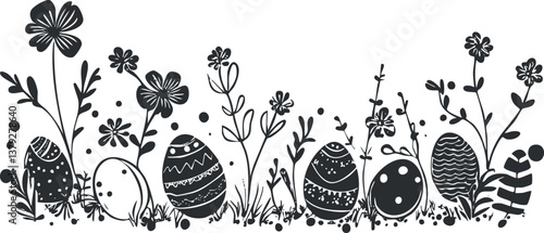 Black and white illustration of decorative Easter eggs and flowers in a whimsical arrangement.