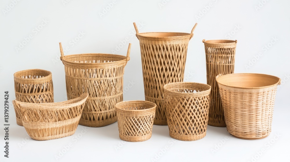 A collection of large and small bamboo baskets arranged in a geometric pattern A collection of large and small bamboo baskets arranged in a geometric pattern