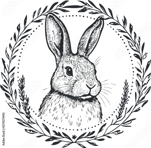 Hand-drawn rabbit illustration with floral wreath, detailed and elegant black and white design.