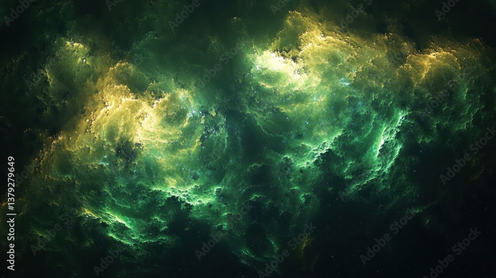 Fototapeta premium Fractal Art Green Yellow Nebula Bioluminescent Patterns Abstract Swirling Texture Digital 3D Rendering
