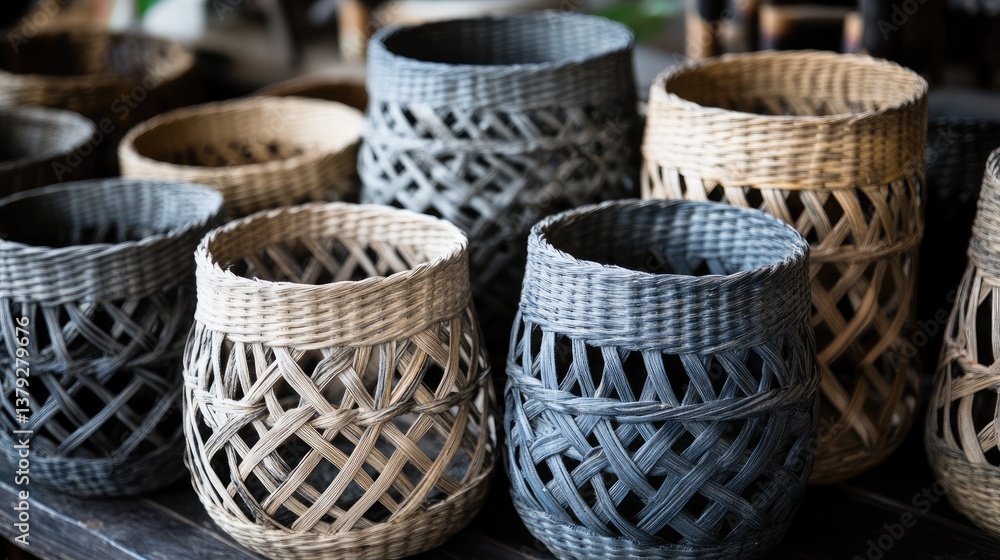 A collection of woven fish baskets placed in a rural marketplace for sale A collection of woven fish baskets placed in a rural marketplace for sale