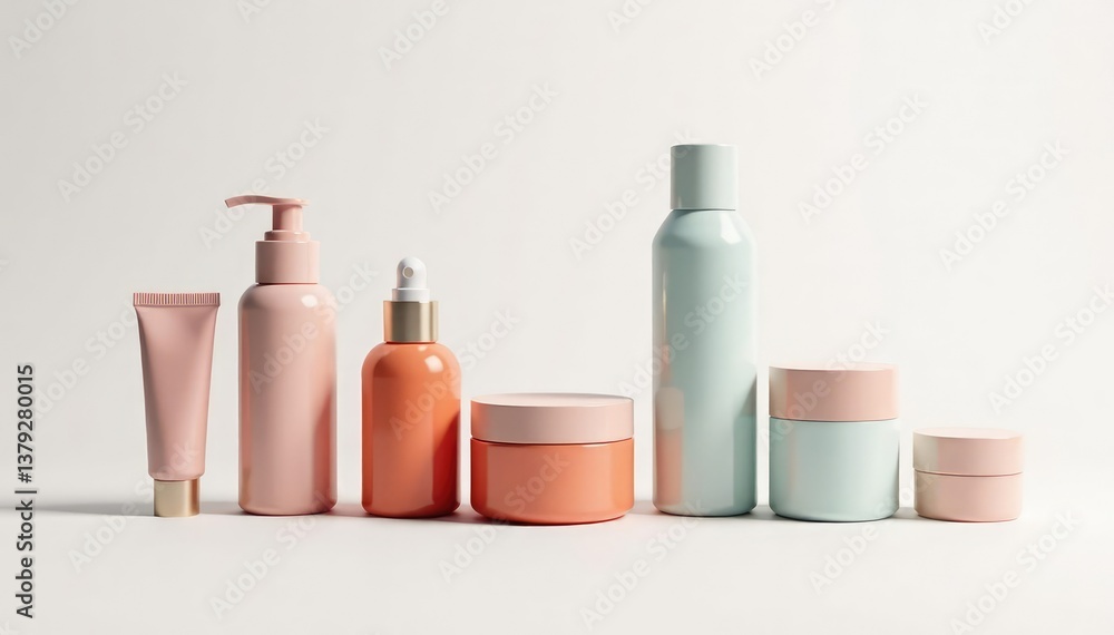 Various cosmetic containers on pure white backdrop, template, simple, studio Various cosmetic containers on pure white backdrop, template, simple, studio