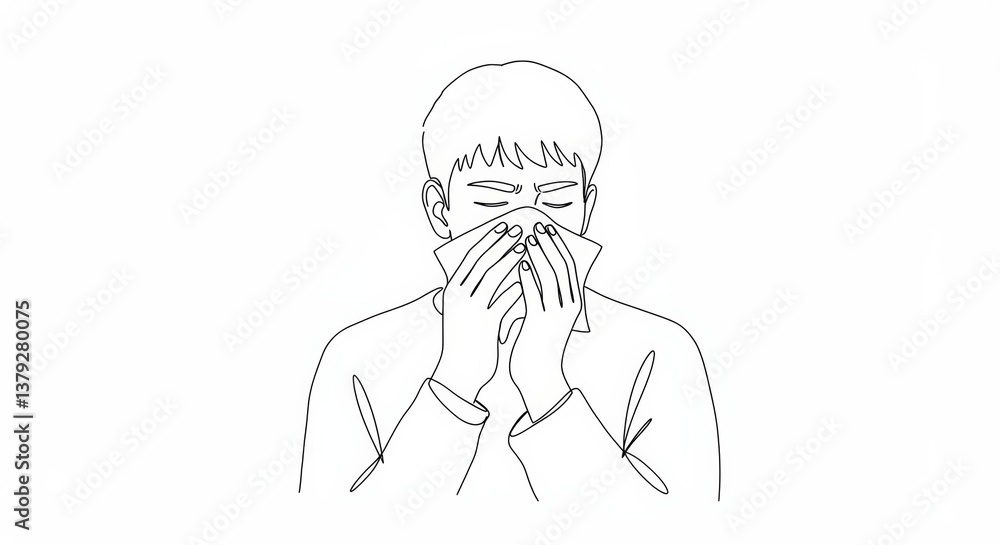 Elegant Line Art: Person Sneezing Into Tissue, Minimalist Design on White Background Elegant Line Art: Person Sneezing Into Tissue, Minimalist Design on White Background