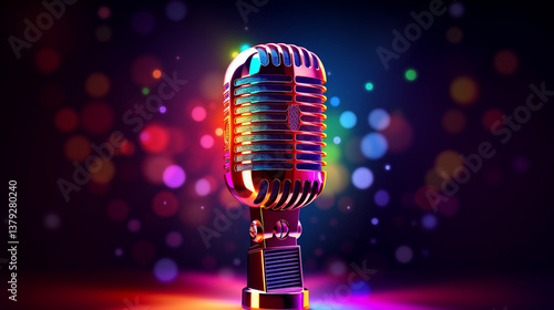 Retro Microphone on Stage, Colorful Bokeh Lights, Music Concert Background