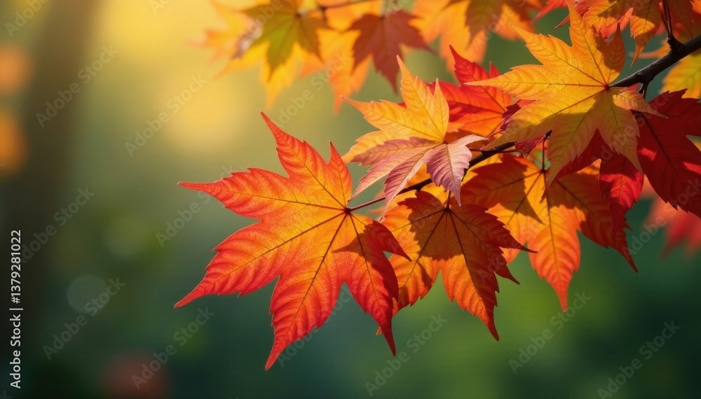 Colorful autumn leaves cluster on a twiggy branch, small, twigs, leaves Colorful autumn leaves cluster on a twiggy branch, small, twigs, leaves