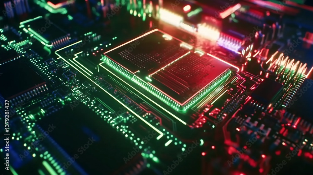 Fototapeta premium Illuminated Circuit Board Close Up with Red and Green Lights Detailed View