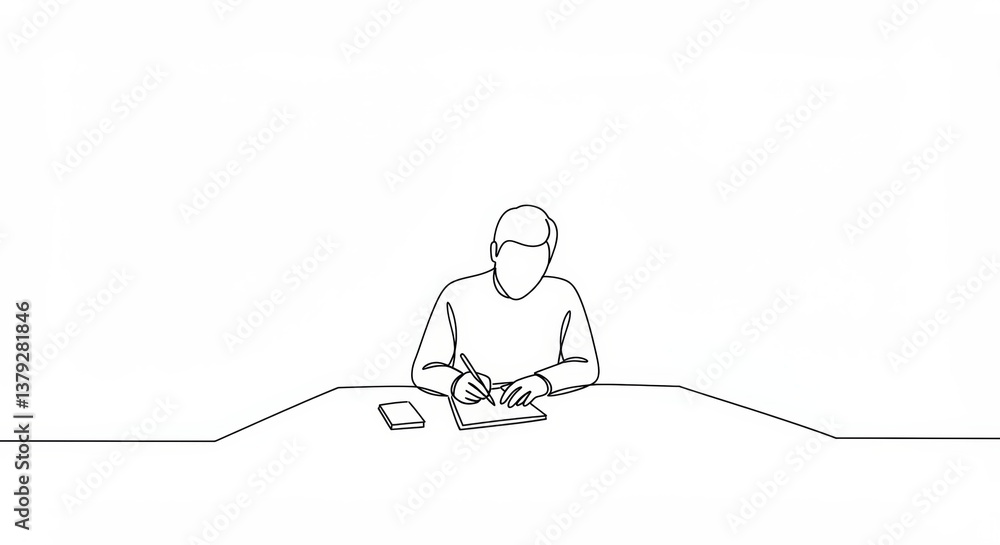 Minimalist continuous line art of a person taking notes at a meeting or study session Minimalist continuous line art of a person taking notes at a meeting or study session