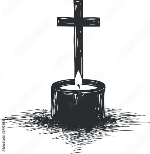 Black and white sketch of a candle with a cross, symbolizing faith and spirituality.