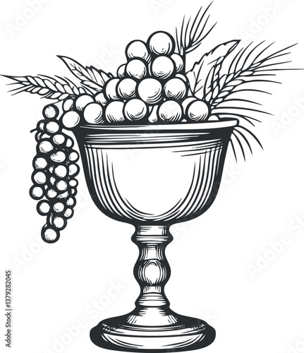 Vintage sketch of a goblet filled with grapes and wheat, symbolizing abundance and harvest.