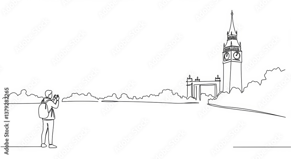 Obraz premium Minimalist One-Line Drawing of Tourist Photographing London's Iconic Clock Tower