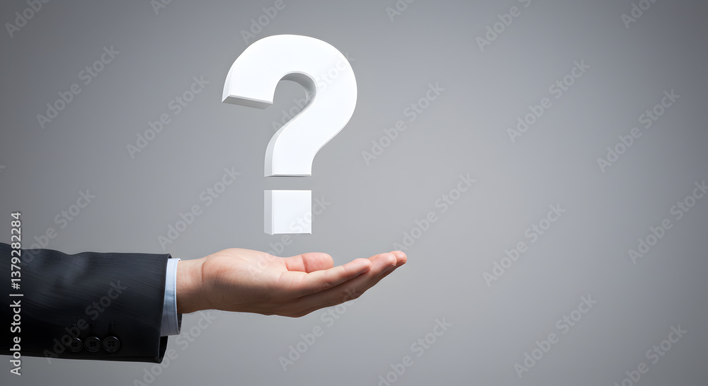 White Question Mark Floating Above a Hand Wearing Suit on Gray Background White Question Mark Floating Above a Hand Wearing Suit on Gray Background