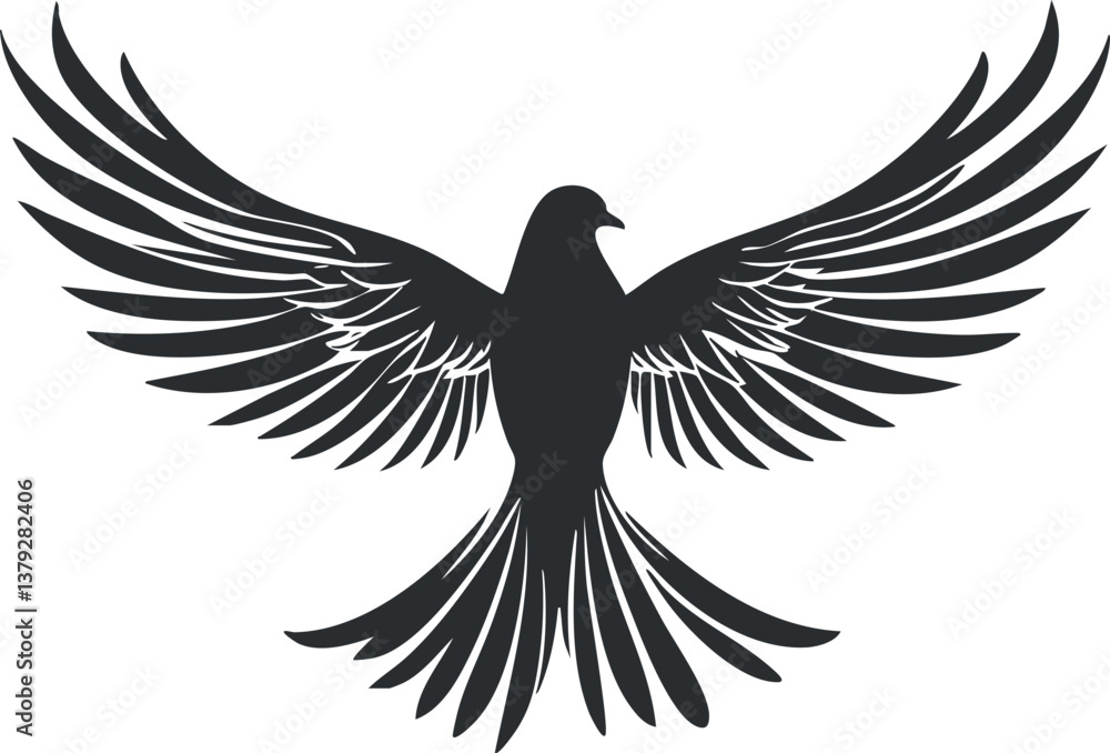 Fototapeta premium Black and white silhouette of a bird with outstretched wings, symbolizing freedom and peace.