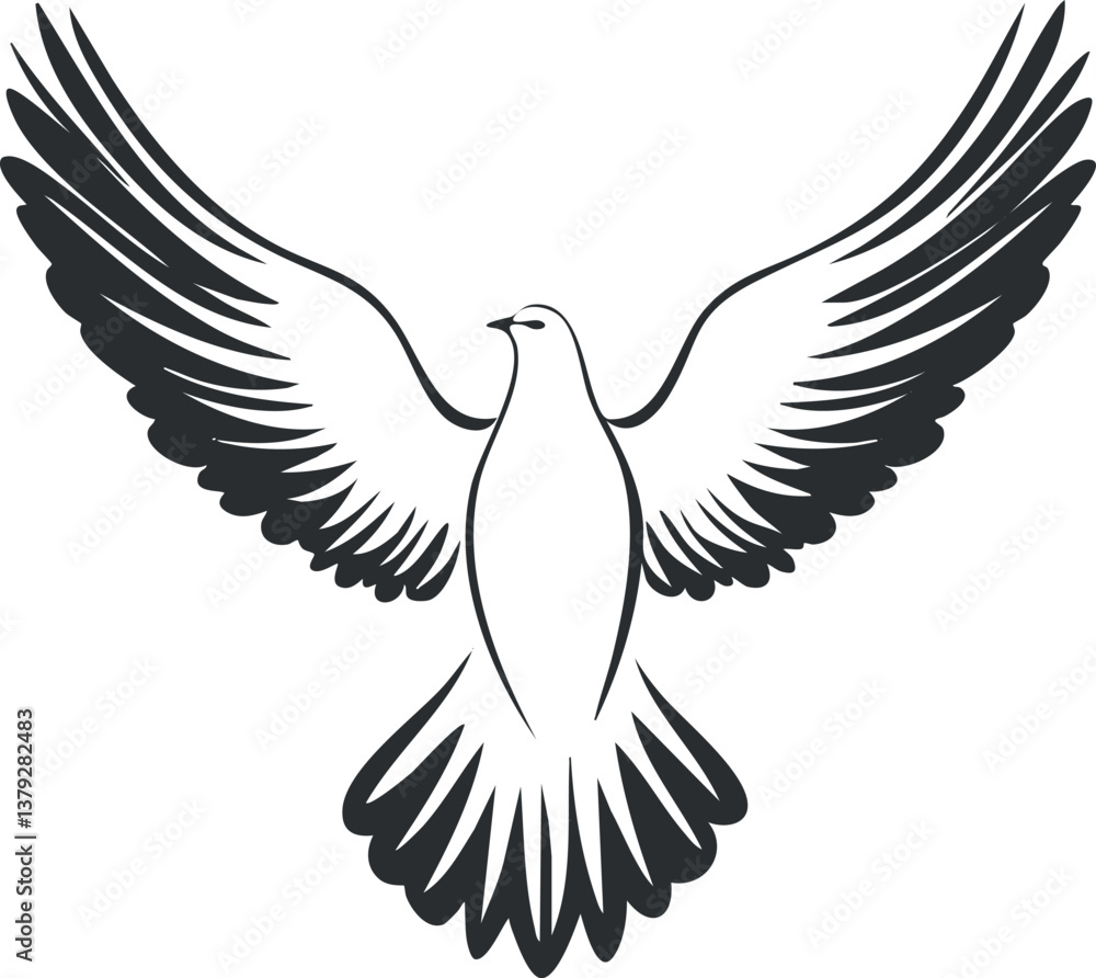 Fototapeta premium Black and white vector illustration of a dove with outstretched wings symbolizing peace and freedom.