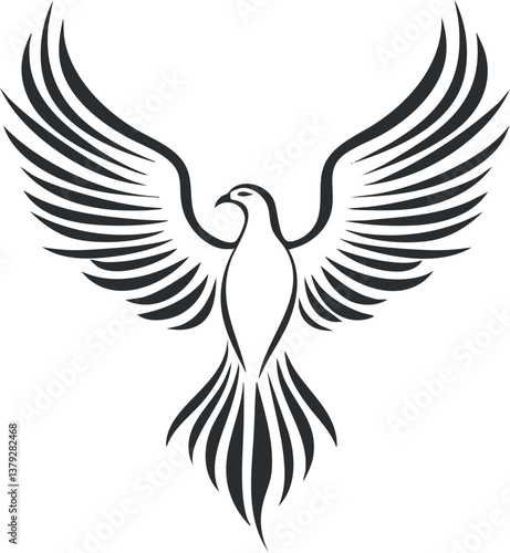 Black and white stylized phoenix illustration with extended wings, ideal for tattoos or decorations.