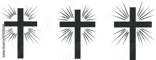 Black cross symbols with radiant lines, representing spirituality and faith in Christianity.