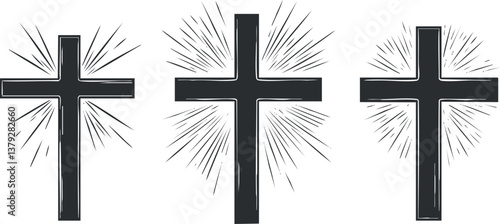 Illustration of three stylized crosses with radiant lines, symbolizing faith and spirituality.