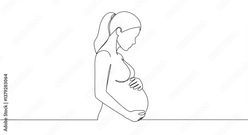 Elegant continuous line drawing of a pregnant woman cradling her belly with care Elegant continuous line drawing of a pregnant woman cradling her belly with care