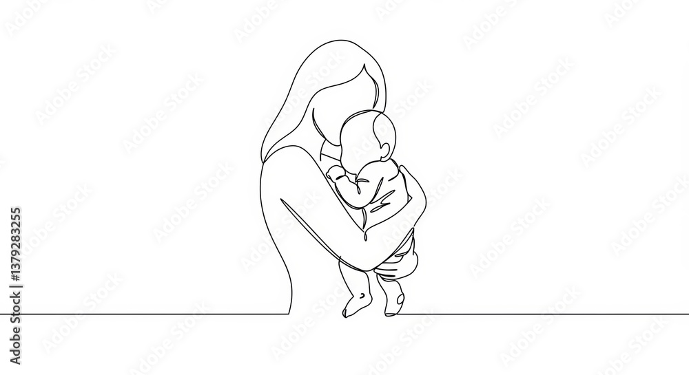 Minimalist one line art drawing of a mother holding her baby in elegance Minimalist one line art drawing of a mother holding her baby in elegance