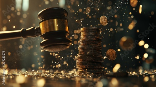 Gavel strikes stack of coins, scattering them