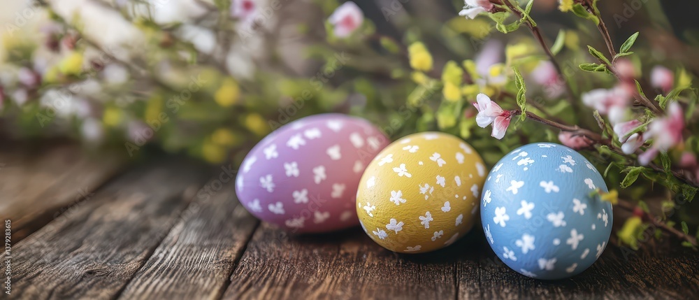 Fototapeta premium Easter eggs with spring flowers