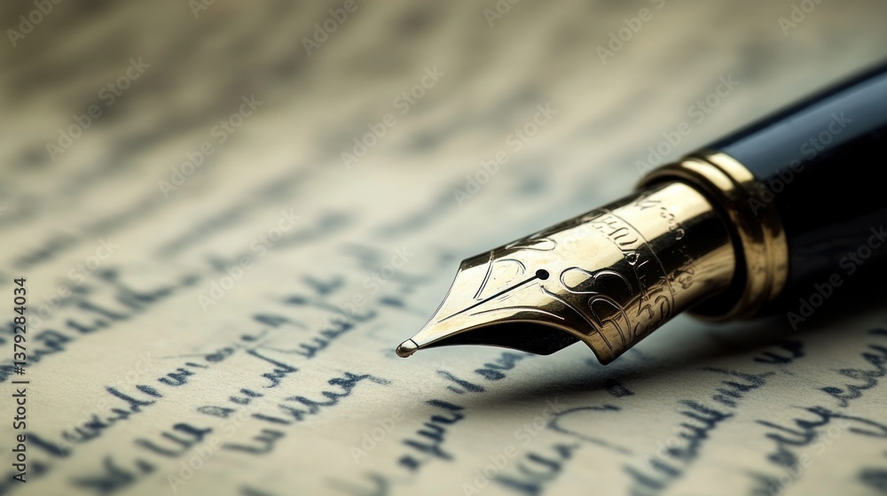 Fototapeta premium Close-up of a fountain pen nib on vintage handwritten script.