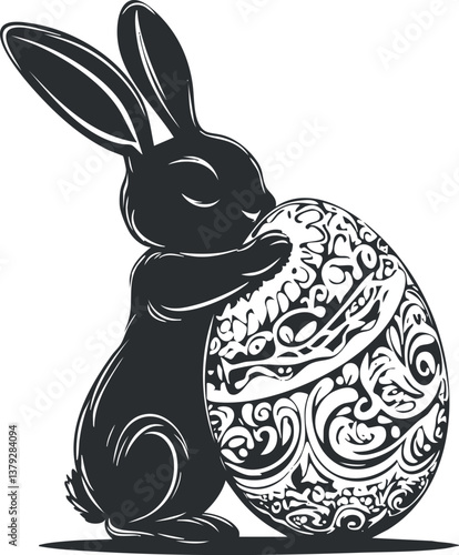 Intricate black and white illustration of a rabbit with an ornate Easter egg design.