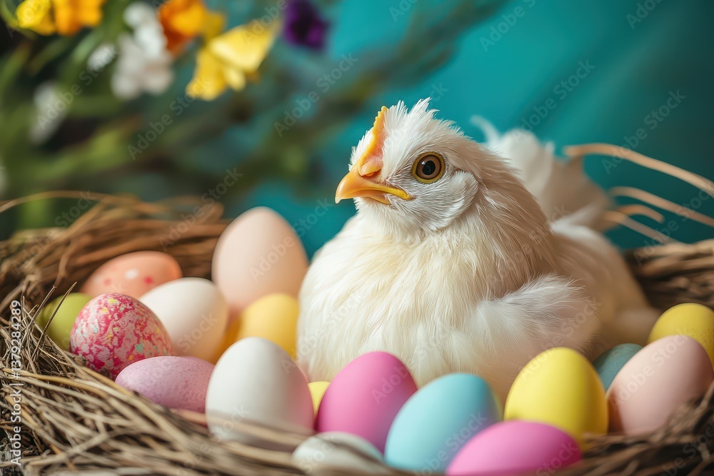 Cute chick in a nest surrounded by colorful eggs Cute chick in a nest surrounded by colorful eggs