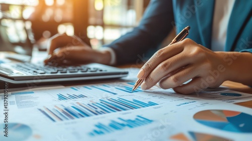 Close-up of businessperson reviewing financial charts and graphs using calculator.