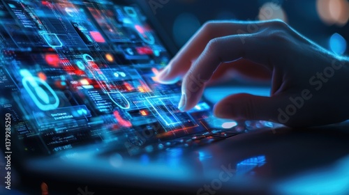 Close-up of hand using a tablet with glowing digital interface.