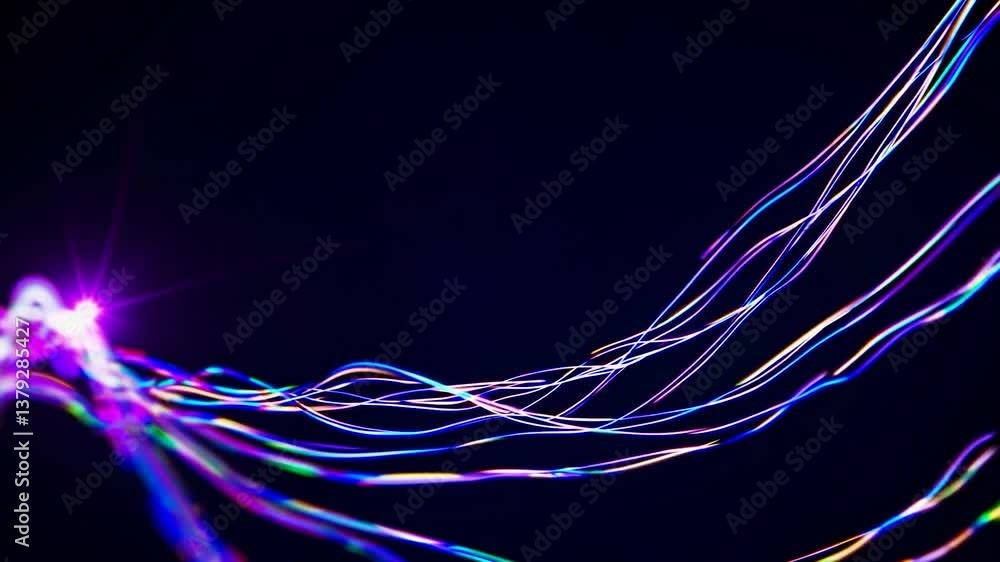 Dynamic wavy lines flowing smoothly across dark background, creating iridescent visual effect with vibrant color transitions and seamless motion graphic design