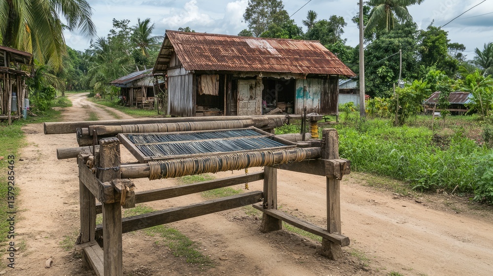 A woven bamboo grain separator placed on a wooden workbench in a village setting A woven bamboo grain separator placed on a wooden workbench in a village setting