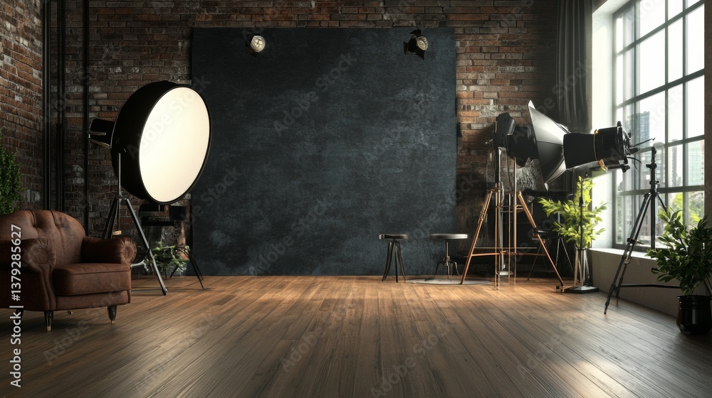 Professional photo studio with lights and vintage furniture