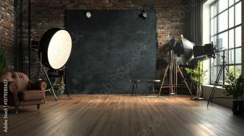 Professional photo studio with lights and vintage furniture