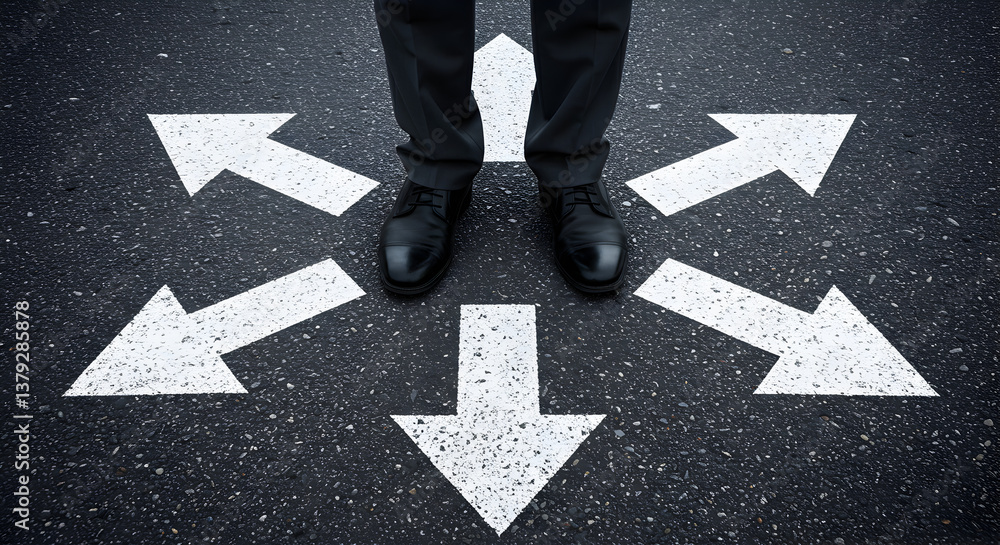 Man Standing at Crossroads on Asphalt Road with Directional Arrows Choice Concept Man Standing at Crossroads on Asphalt Road with Directional Arrows Choice Concept