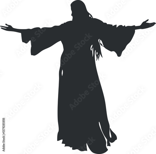Silhouette of a figure with outstretched arms in a dramatic pose on a white background.