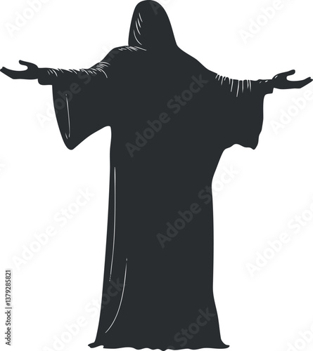 Silhouette of a hooded and cloaked figure with outstretched arms, symbolizing mystery and enigma.