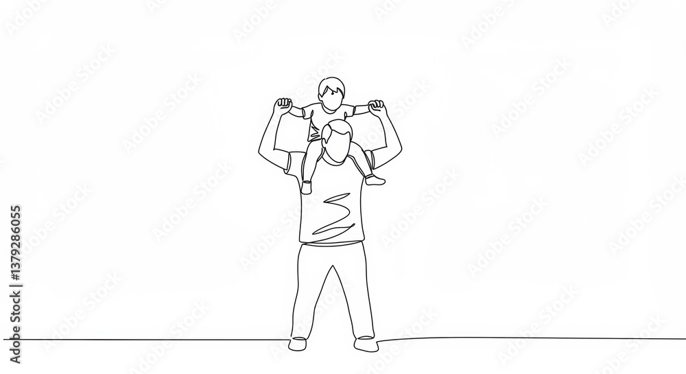 Elegant minimalist one-line art depicts father and child bonding through playful interaction Elegant minimalist one-line art depicts father and child bonding through playful interaction