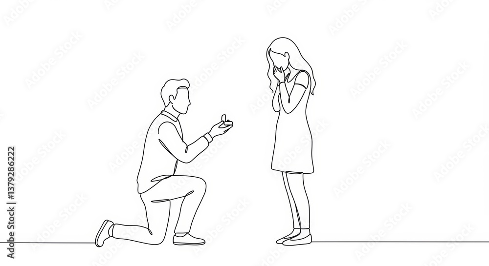 Minimalist continuous line art illustration of a marriage proposal, conveying love Minimalist continuous line art illustration of a marriage proposal, conveying love